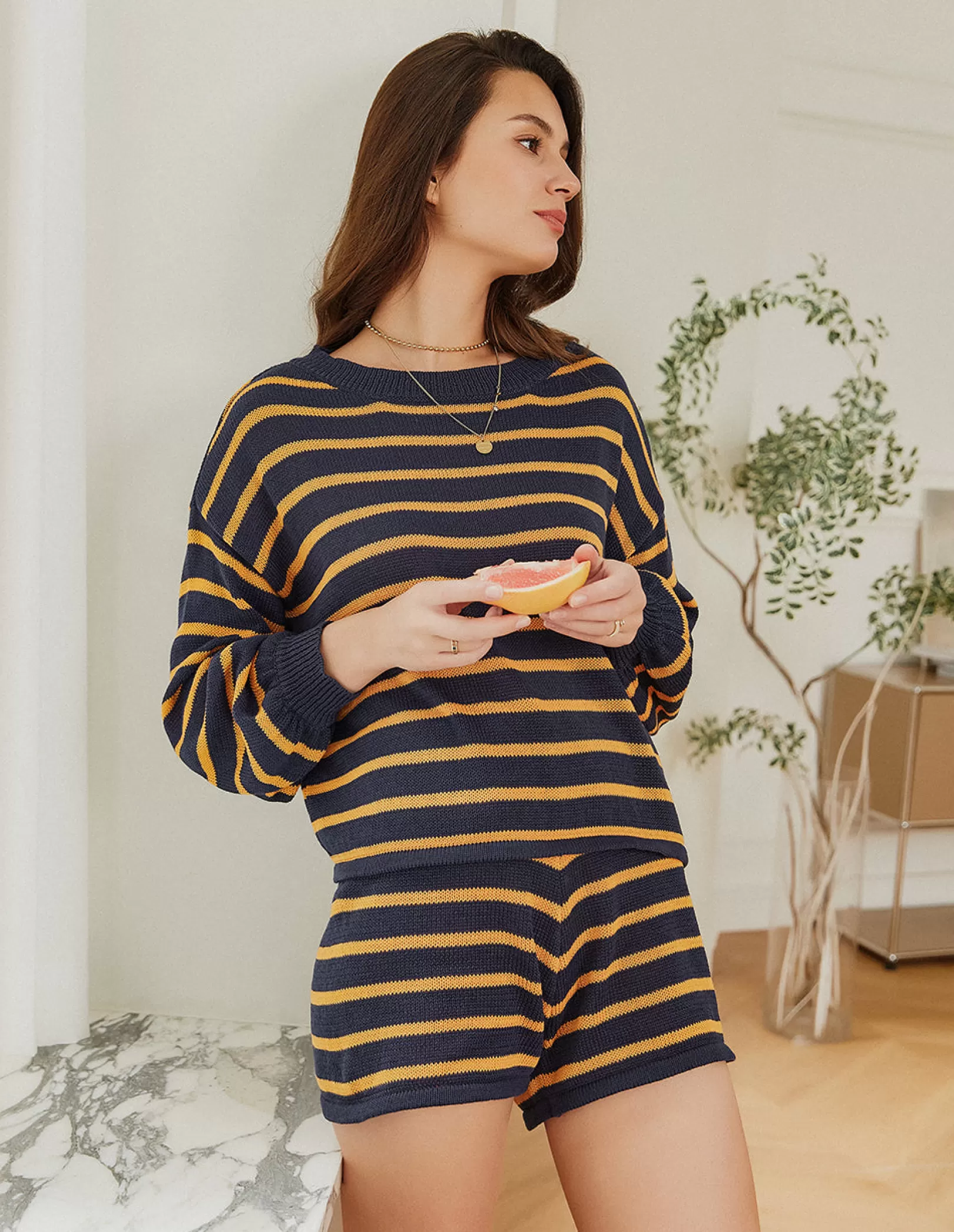 WOMEN Ekouaer Drop Shoulder Striped Top Lounge Set