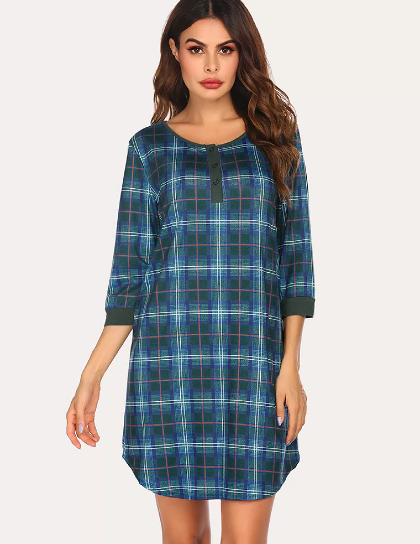 WOMEN Ekouaer 3/4 Sleeve Plaid Nightdress