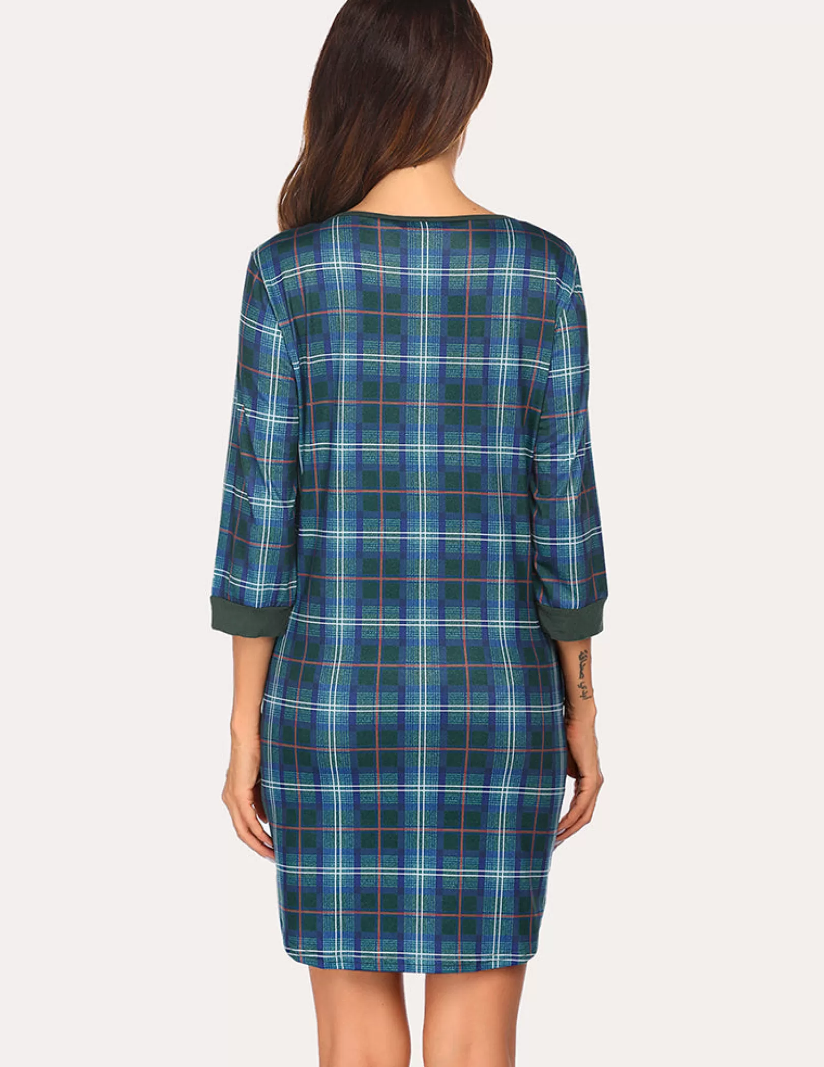 WOMEN Ekouaer 3/4 Sleeve Plaid Nightdress