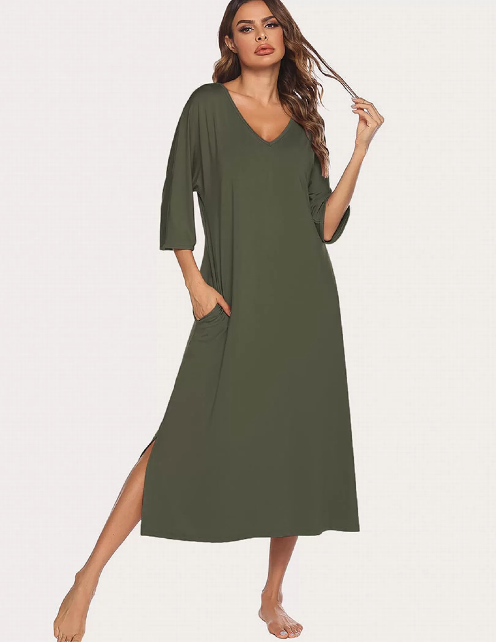 WOMEN Ekouaer 3/4 Sleeve Split Hem Sleep Dress