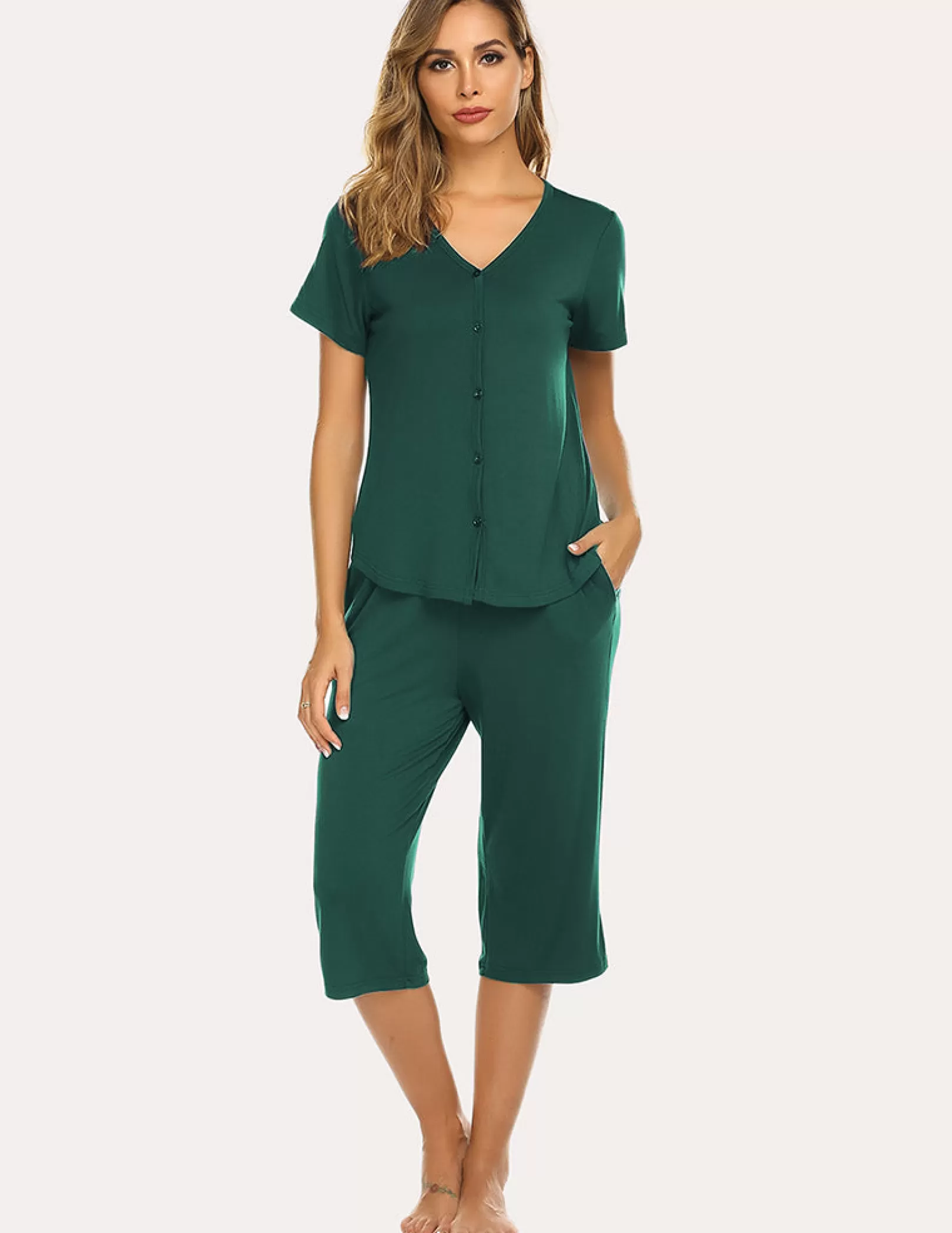 WOMEN Ekouaer Button Up Top And Capri Pajama Pajamas Set