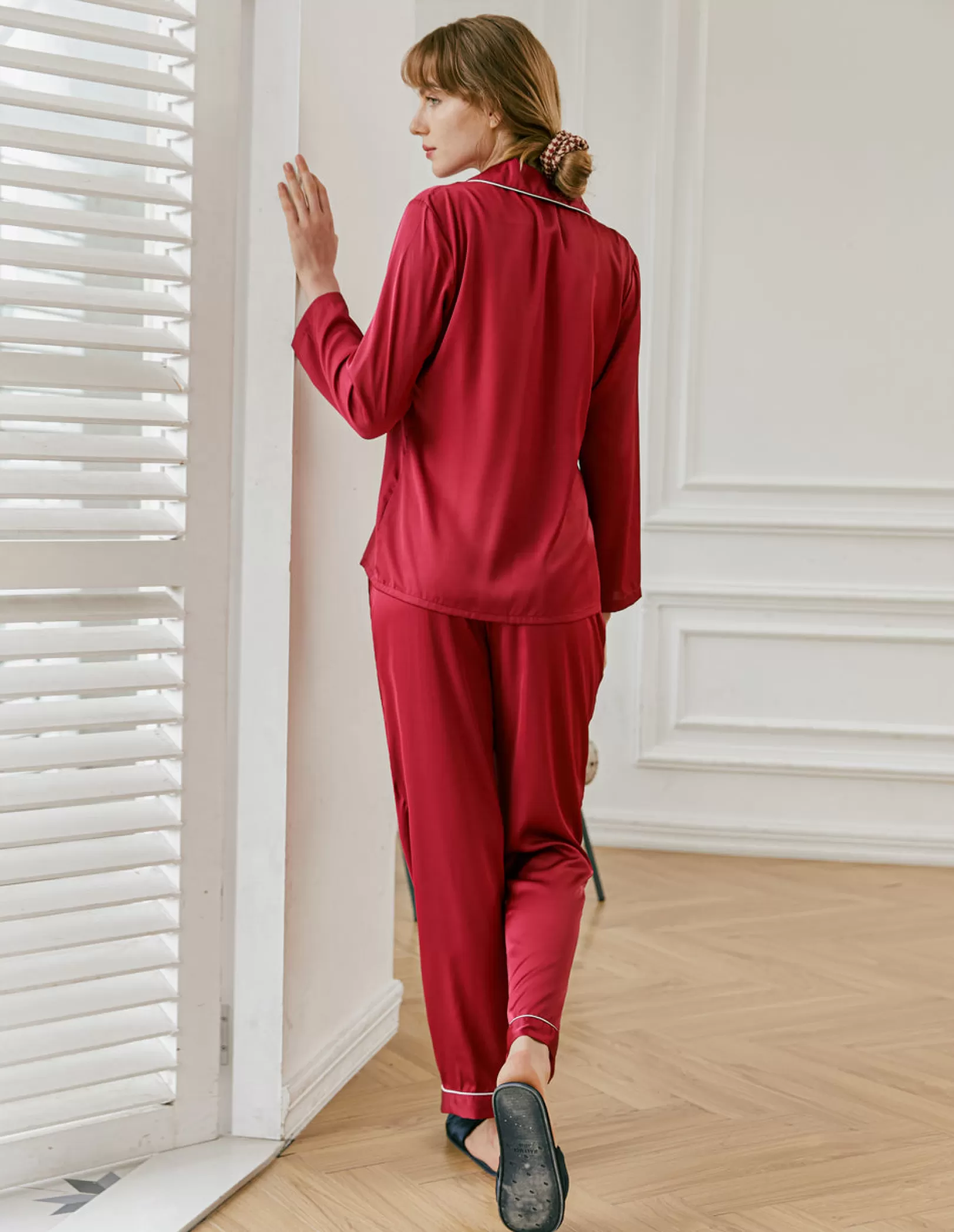 WOMEN Ekouaer Contrast Binding Satin Pajama Set