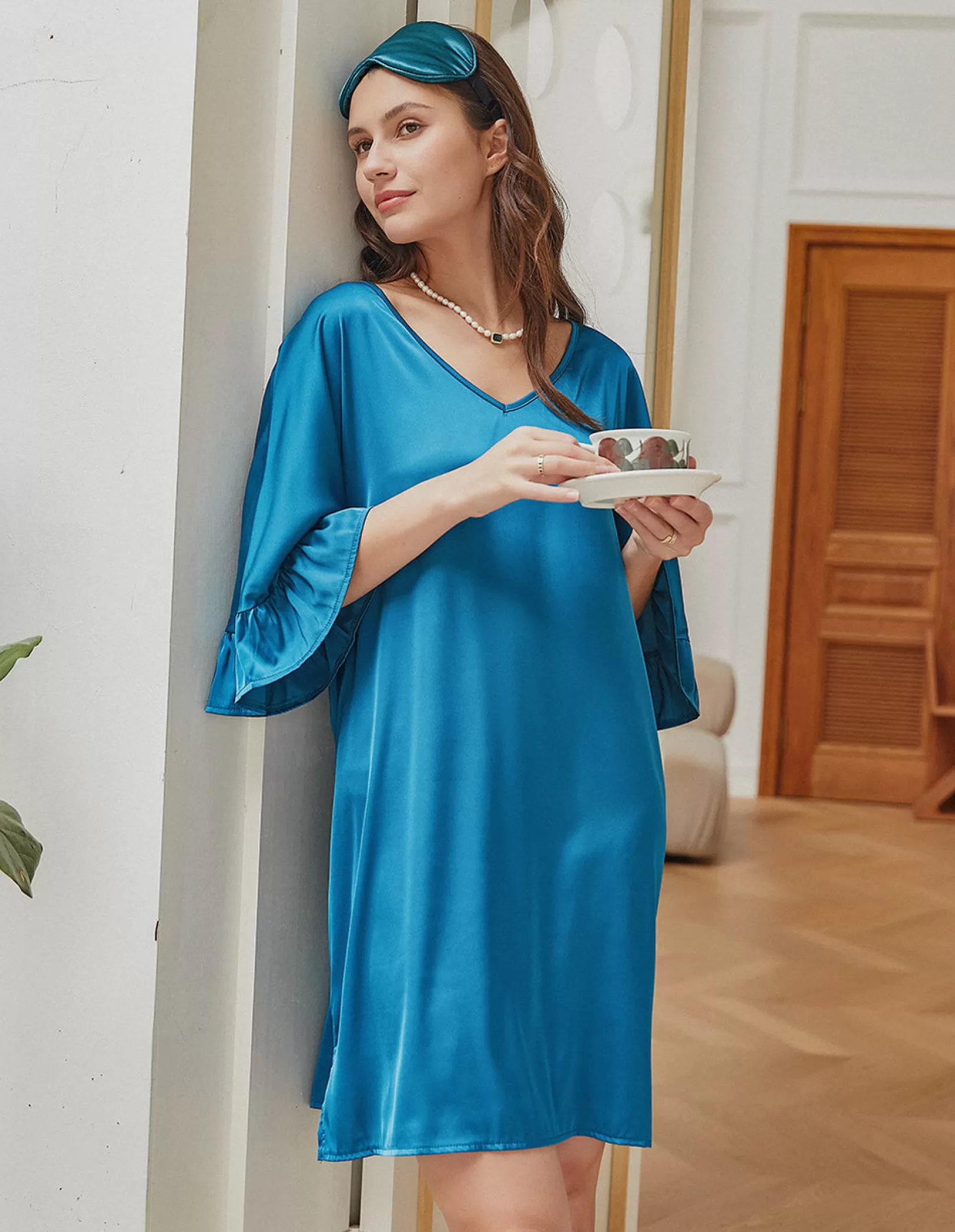 WOMEN Ekouaer Ruffle Sleeve Pajama Dress