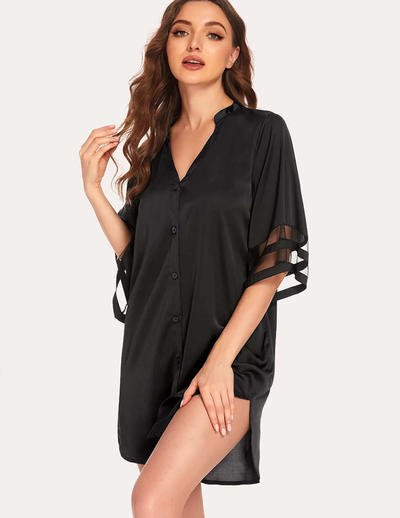 WOMEN Ekouaer Satin 3/4 Bell Sleeve Nightdress