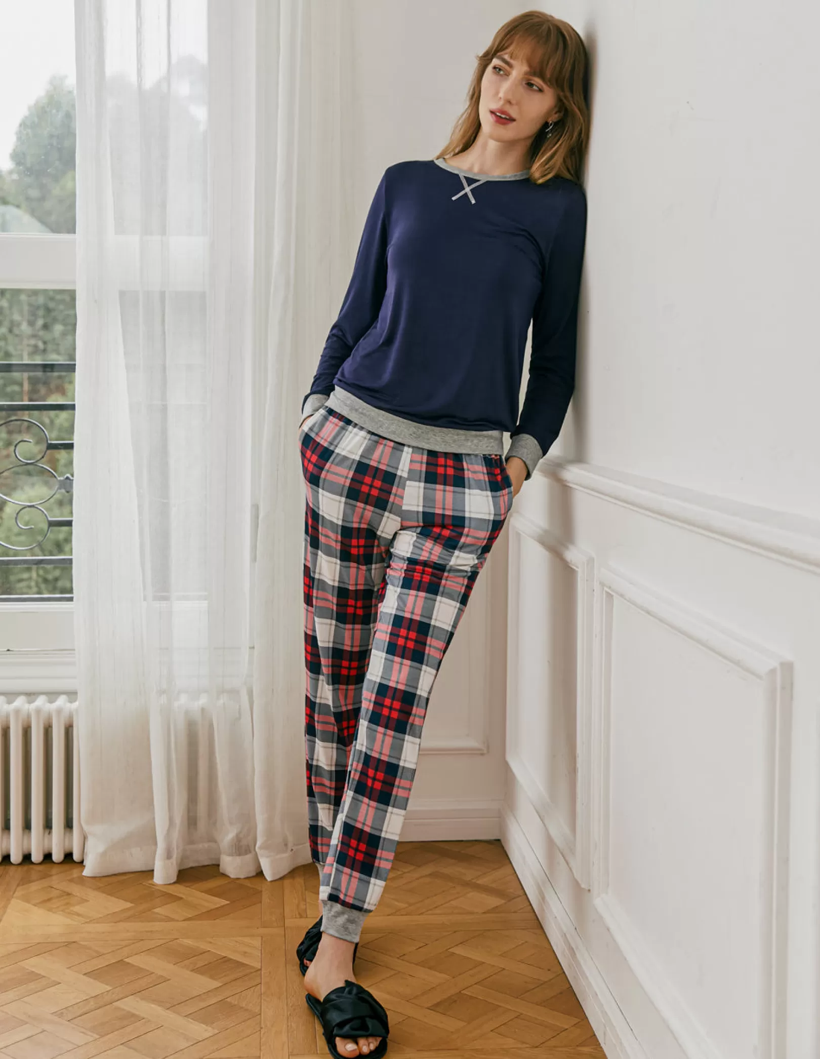 WOMEN Ekouaer Soft Plaid Pajama Set