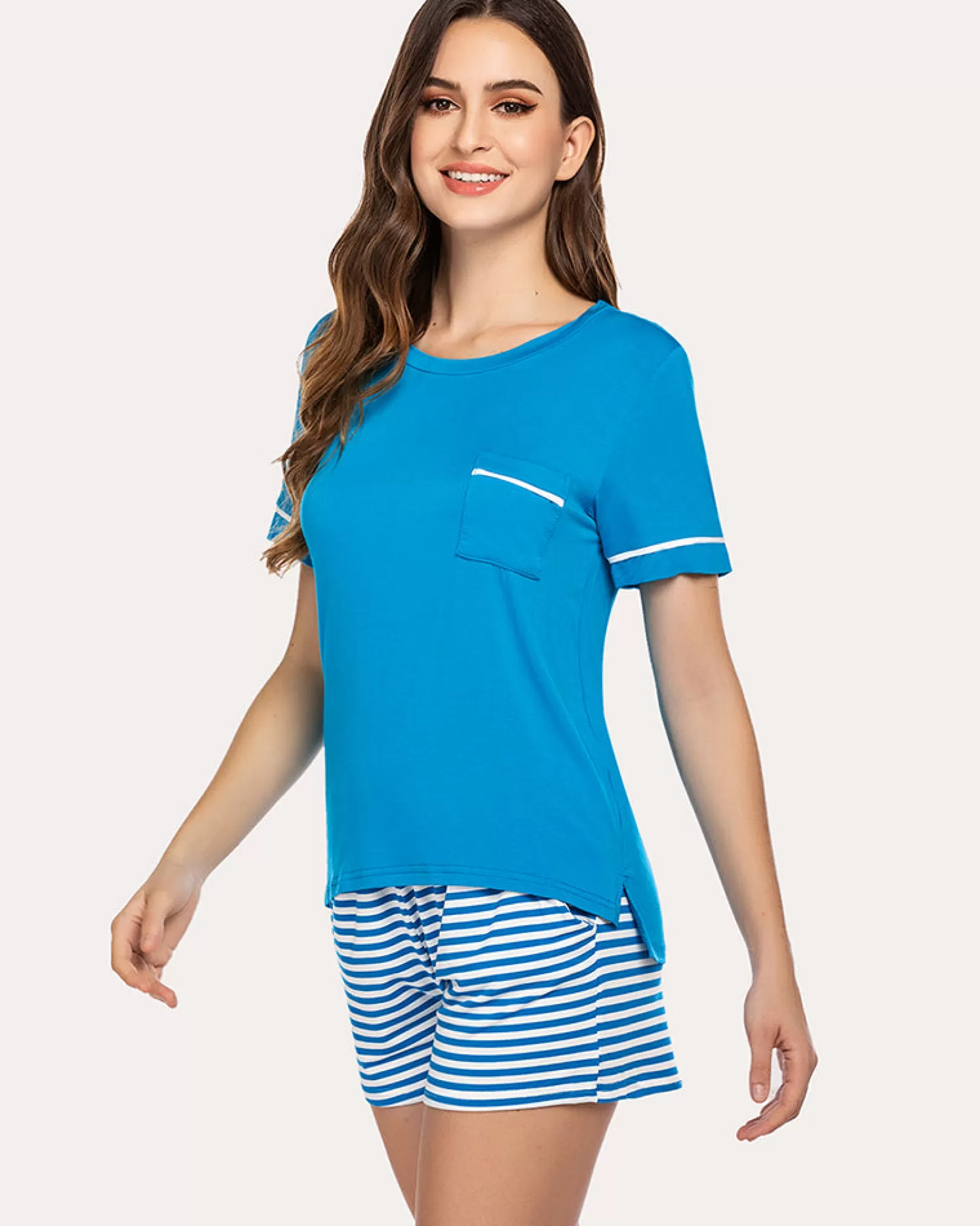 WOMEN Ekouaer Striped Short Sleeve Pajama Set