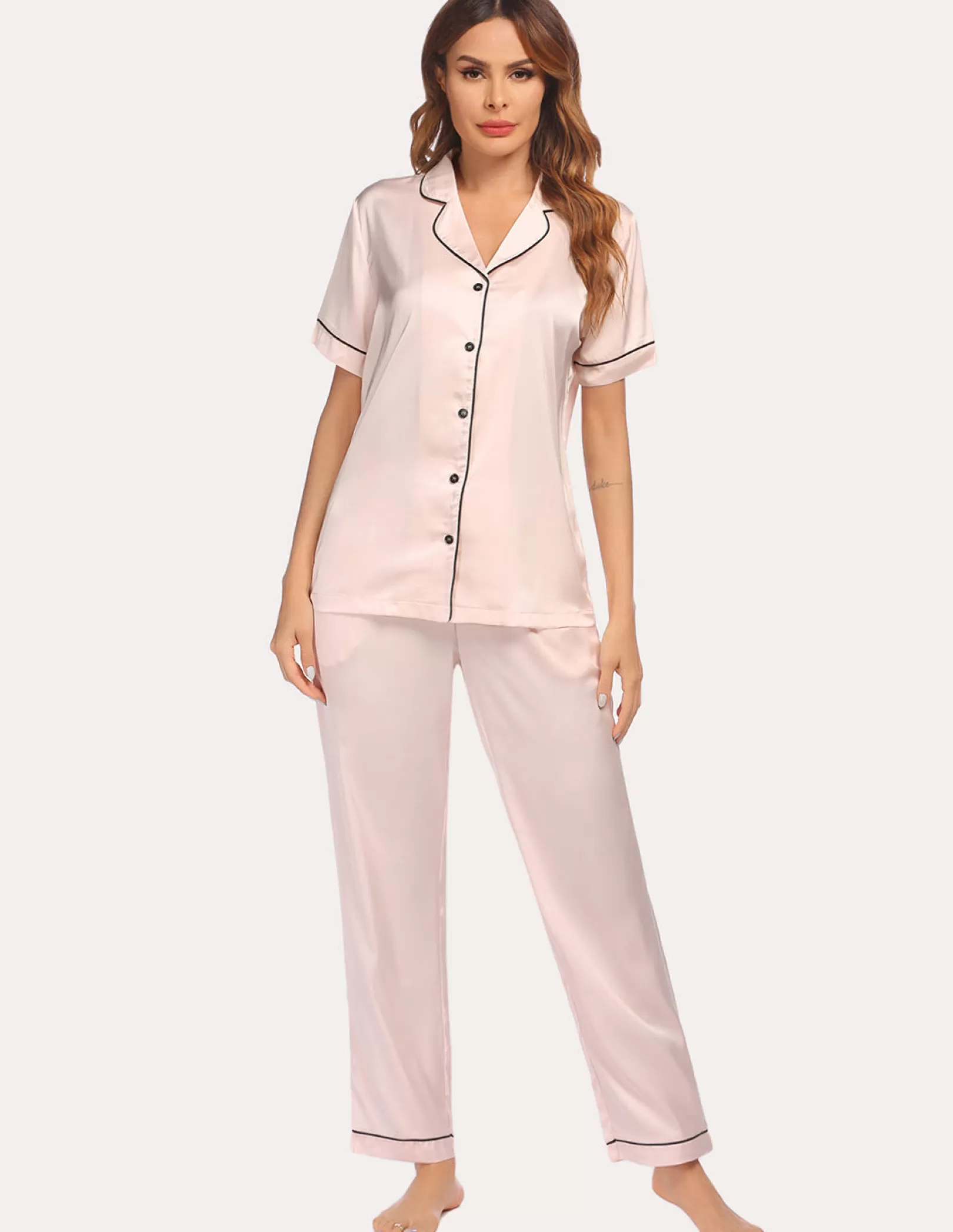 WOMEN Ekouaer Turn-Down Collar Satin Pajamas Set