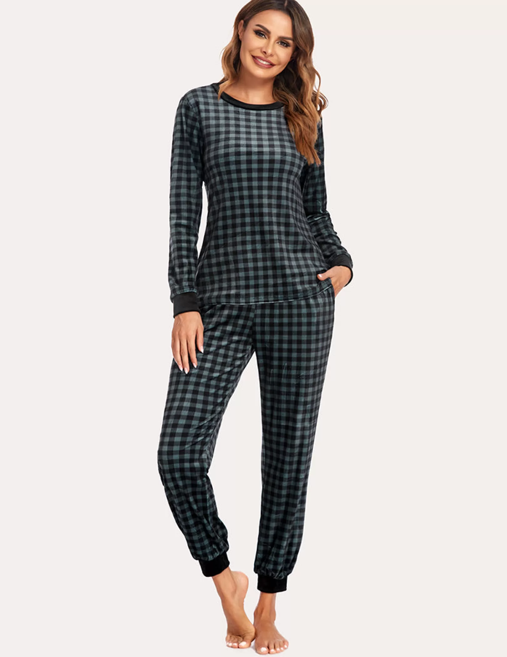 WOMEN Ekouaer Velvet Plaid Pajama Pajama Set