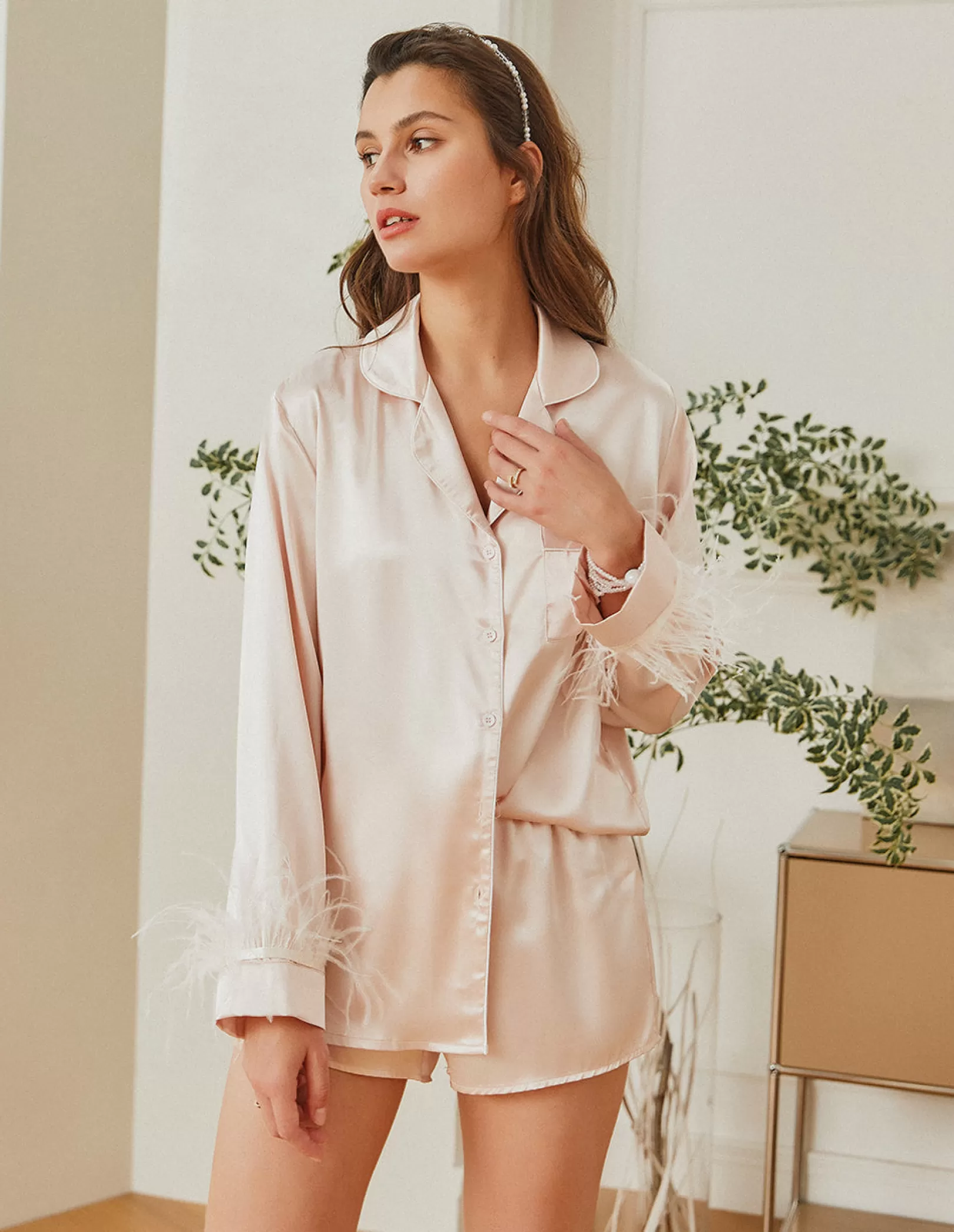 WOMEN Ekouaer Feather Sleeve Satin Pajamas Set